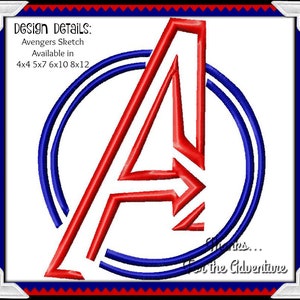May include: Red and blue Avengers logo with the letter A in a circle. Design details: Avengers Sketch Available in 4x4 5x7 6x10 8x12.