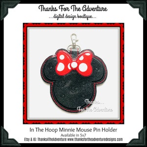 ITH In The Hoop Minnie Mouse Bow Pin Trader Holder Lanyard Clip On Snap Tab Key Fob Chain Digital Embroidery Machine  Design File 5x7