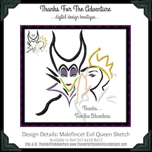 Op de afbeelding: Digitaal ontwerp met een schets van Maleficent en de Evil Queen. Maleficent heeft zwarte hoorns, paarse ogen en een groene mond. De Evil Queen draagt een gouden kroon. Het ontwerp bevat de tekst "Thanks For The Adventure".