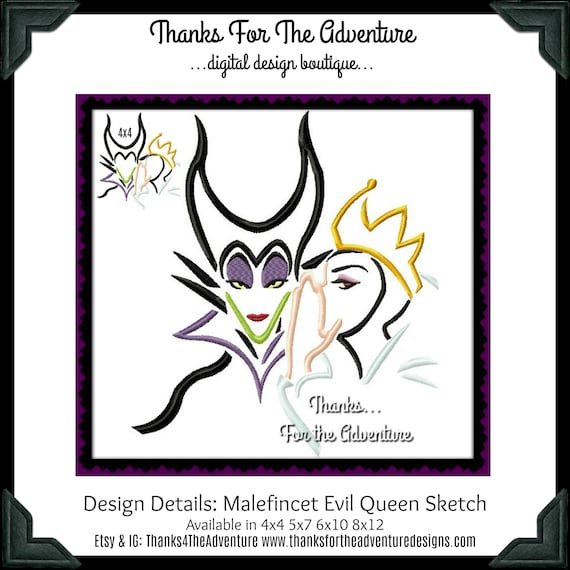 Maleficent from Sleeping Beauty and the Evil Queen from Snow White Sketch Digital Embroidery Machine  Design File 4x4 5x7 6x10 8x12