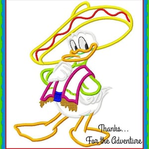 Mexican Fiesta Donald Duck in a Sombrero Applique Digital Embroidery Machine Design File 5x7 6x10