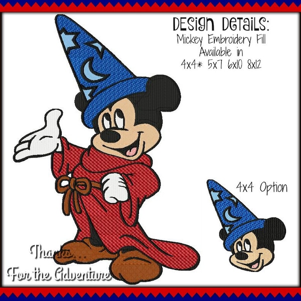 Fantasia Sorcerer Mickey Mouse Wizard Hat Digital Embroidery Machine Filled Design File 4x4 5x7 6x10 8x12