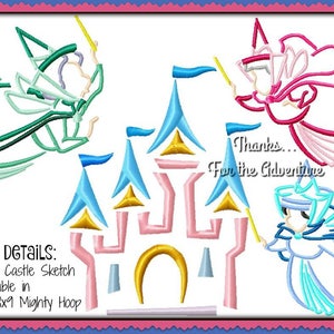 Three Good Fairies and Castle from Sleeping Beauty Sketch Digital Embroidery Machine Applique Design File 5x7 6x10 8x12 8x9 Mighty Hoop