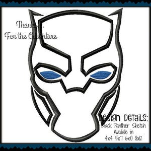 Könnte beinhalten: Schwarz-weiß-Linienzeichnung einer Black Panther-Maske mit blauen Augen. Design-Details: Black Panther Skizze Erhältlich in 4x4, 5x7, 6x10, 8x12.