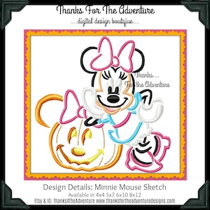 Halloween Minnie Mouse Pumpkin Jack O Lantern Digital Embroidery Machine Sketch Design File 4x4 5x7 6x10 8x12