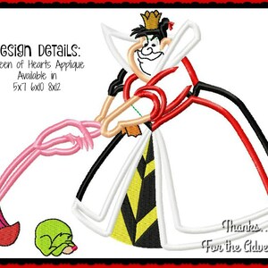 May include: Queen of Hearts applique embroidery design in red, white, black, and yellow. The design features the Queen of Hearts holding a flamingo and a green playing card. The design is available in 5x7, 6x10, and 8x12 inches.
