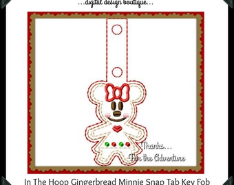 ITH In The Hoop Christmas Gingerbread Minnie Mouse Sketch Snap Tab Key Fob Digital Embroidery Machine  Design File 4x4