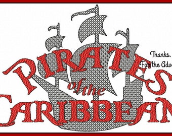 Pirates of the Caribbean Ride Pirate Ship Logo Digital Embroidery Machine  Design File  5x7 6x10 with bonus 4x4 ship