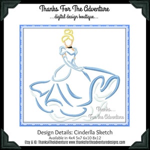 Princess Cinderella Sketch Digital Embroidery Machine Design File 4x4 5x7 6x10 8x12
