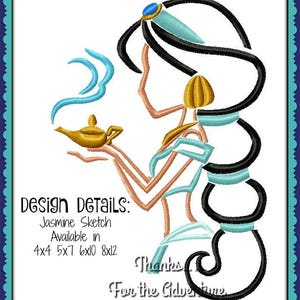 Princess Jasmine with the Genie&#39;s Lamp from Aladdin Sketch Digital Embroidery Machine Design File 4x4 5x7 6x10 8x12