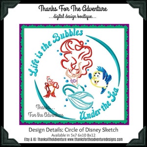 Life is the Bubbles Under the Sea The Little Mermaid Princess Ariel Flounder Sebastian Sketch Digital Embroidery Machine Design File