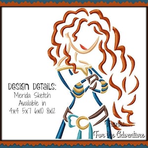 Princess Merida from Brave Sketch Digital Embroidery Machine Applique Design File 4x4 5x7 6x10 8x12