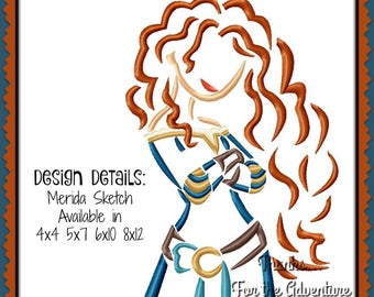 Princess Merida from Brave Sketch Digital Embroidery Machine Applique Design File 4x4 5x7 6x10 8x12
