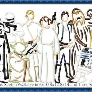 Puede incluir: Un boceto en blanco y negro de personajes de Star Wars, incluyendo Darth Vader, Yoda, Luke Skywalker, la princesa Leia, Han Solo, Chewbacca, R2-D2 y C-3PO. El texto "Star Wars Sketch Available in 6x10 8x12 8x14 and Three Split 5x7s" está en la parte inferior de la imagen.