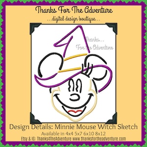 Halloween Minnie Mouse Witch Digital Embroidery Machine Sketch Design File 4x4 5x7 6x10 8x12