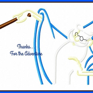 May include: An embroidered design featuring a cartoon wizard with a long beard, glasses, and a pointed hat. The wizard holds a wand. The text "Thanks... For the Adventure" is also included in the design.