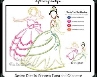 Prinses Tiana & Charlotte Lottie uit The Princess and the Frog Sketch Digital Embroidery Machine Applique Design File 4x4* 5x7 6x10 8x12