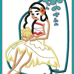 Moana Island Princess with Seashell Digital Embroidery Machine Applique Design File 5x7 6x10