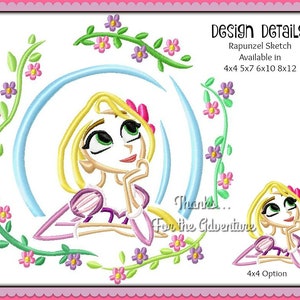 Rapunzel from Tangled with Flowers Sketch Digital Embroidery Machine  Design File 4x4* 5x7 6x10 8x12