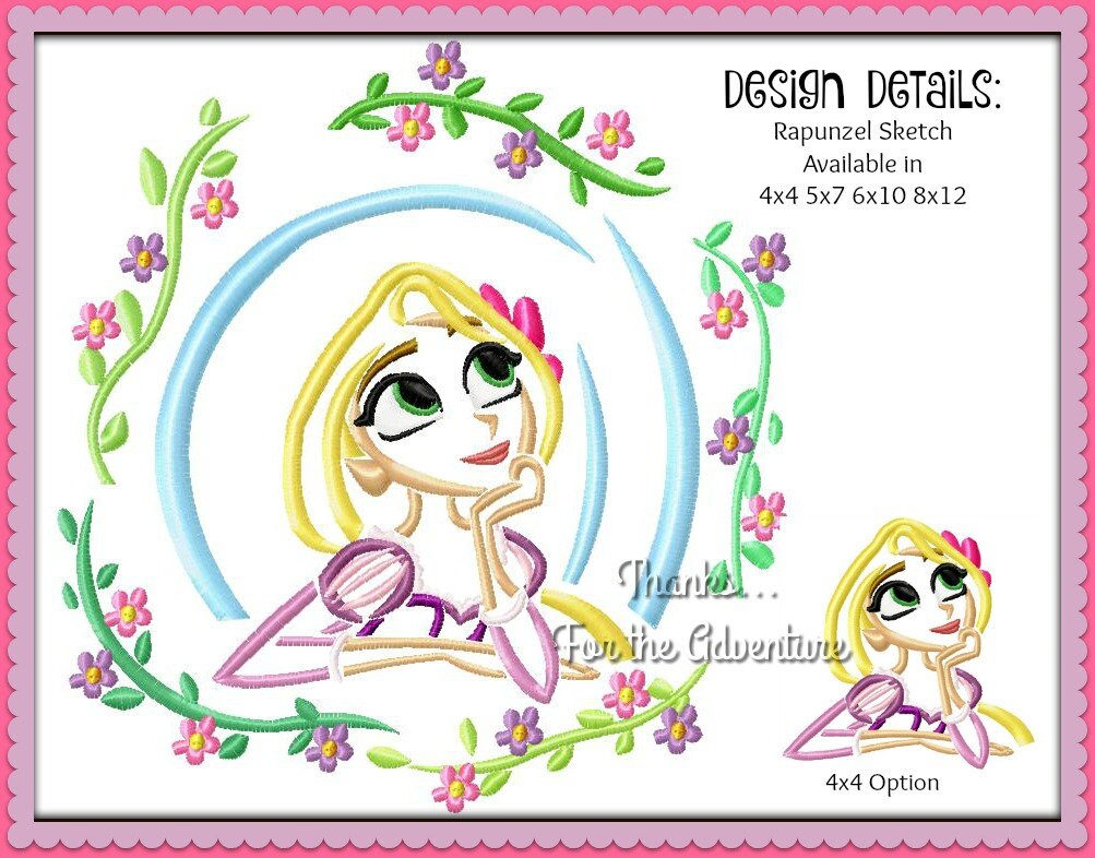 Rapunzel from Tangled with Flowers Sketch Digital Embroidery Etsy