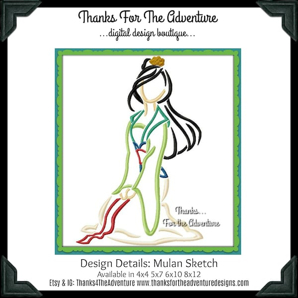 Mulan the Warrior Princess Sketch Digital Embroidery Machine Applique Design File 4x4 5x7 6x10 8x12