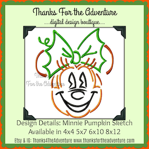 Halloween Minnie Mouse Pumpkin Jack O Lantern Digital Embroidery Machine Sketch Design File 4x4 5x7 6x10 8x12