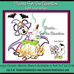 Halloween Minnie Mouse Witch Cauldron Bat Digital Embroidery Machine Sketch Design File 4x4 5x7 6x10 8x12