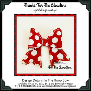 ITH In The Hoop Bow Perfect for School, Cheer, Trips to  Digital Embroidery Machine  Design File 4x4 5x7 6x10 8x12 and 8x9 Mighty Hoop