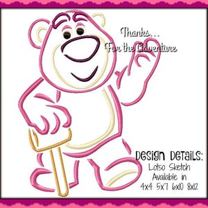 Lotso the Strawberry Scented Evil Bear from Toy Story 3 Sketch Digital Embroidery Machine Design File 4x4 5x7 6x10 8x12