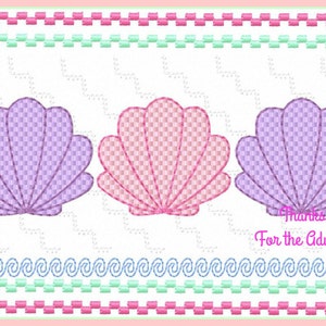 May include: Three seashells, one pink and two purple, are arranged in a row on a white background with a decorative border. The text "Thanks... For the Adventure" is below the shells.