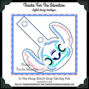 May include: Blue and pink Stitch character embroidery design for a snap tab key fob. The design is available in 4x4 hoop size. "Thanks... For the Adventure" text is included in the design.