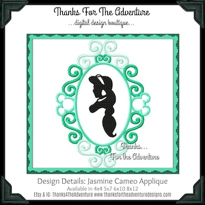 Princess Jasmine from Aladdin Cameo Applique Digital Embroidery Machine Design File 4x4 5x7 6x10 8x12