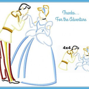 Princess Cinderella and Prince Charming Sketch Digital Embroidery Machine Design File 4x4 5x7 6x10