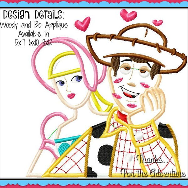 Woody the Cowboy and Bo Peep from Toy Story Applique Digital Embroidery Machine Design File  5x7 6x10 8x12