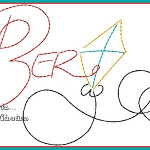 May include: A red, white, and blue kite with a black string is flying in the sky. The word "BERT" is written in red cursive with a black string attached to the kite. The text "Thanks... For the Adventure" is written in black cursive below the kite.