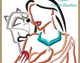 Pocahontas and Meeko Sketch Digital Embroidery Machine  Design File 4x4 5x7 6x10