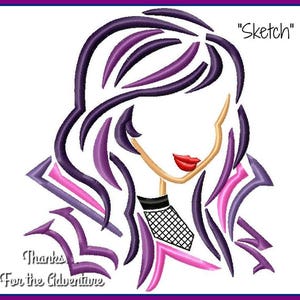 May include: A purple and pink line art illustration of a woman with long hair. The text "Sketch" is in the upper right corner of the image.