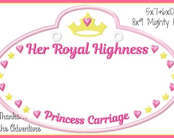 In The Hoop  Princess Carriage Cast Member Name Stroller Tag Applique Digital Embroidery Machine Design File Multiple Sizes