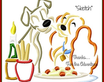 May include: A cartoon illustration of Lady and the Tramp, with Lady looking at Tramp as he holds a spaghetti noodle in his mouth. The text "Sketch" and "Thanks... For the Adventure" are also included in the image.