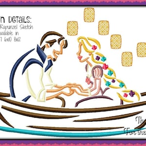 May include: Embroidered design of Flynn Rider and Rapunzel from the film Tangled, in a boat with a chameleon on the back. The design is available in 5x7, 6x10, and 8x12 sizes. The text "Th... For the Cidventure" is at the bottom of the image.