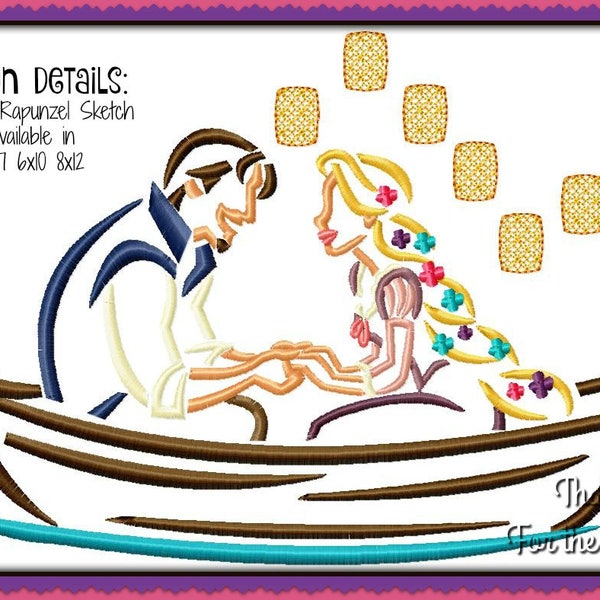 Flynn and Rapunzel in the Lost Princess Lantern Boat from Tangled with Pascal Sketch Digital Embroidery Machine  Design File 5x7 6x10 8x12