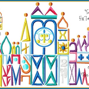 Op de afbeelding: Een kleurrijk borduurontwerp van een kasteel met een klokkentoren, met behulp van geometrische vormen zoals driehoeken, vierkanten en cirkels. Het ontwerp is gelabeld "Sketch" en bevat de afmetingen 5x7, 6x10 en 8x12. De tekst "4x4 Option" is ook in de afbeelding opgenomen.