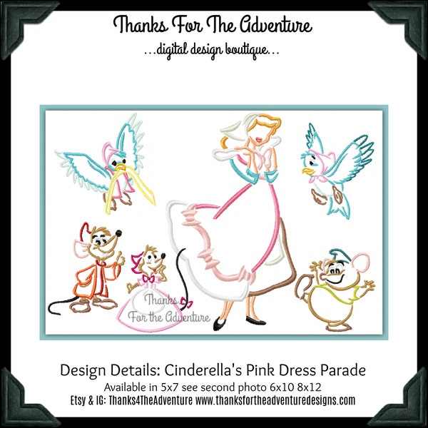 Sketch- Cinderella and her pink dress making mice parade Digital Embroidery Machine Design File 5x7* 6x10 8x12