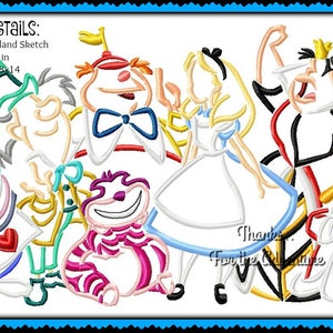 Alice im Wunderland Mad Hatter White Rabbit Queen of Hearts Tweedle Cheshire Cat Sketch Digital Stickerei Applikation Design Datei