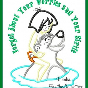May include: A cartoon illustration of a girl and a wolf in a blue pool. The text around the image says "Forget About Your Worries And Your Strife. Thanks... For the Adventure."