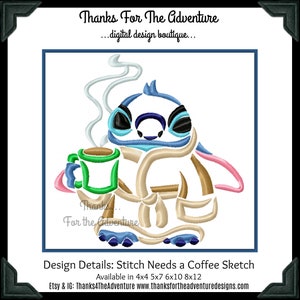 Sketch- Good Morning Sleepy Stitch Needs a Coffee Digital Embroidery Machine Design File 4x4 5x7 6x10 8x12
