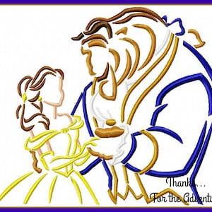 May include: A line art illustration of Belle and the Beast from the Disney movie Beauty and the Beast. Belle is wearing a yellow dress and the Beast is wearing a blue jacket. The image is in a white background with the text "Thanks... For the Adventure" at the bottom.