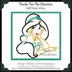 Princess Jasmine from Aladdin Applique Digital Embroidery Machine Design File 4x4* Filled Blouse 5x7 6x10 8x12