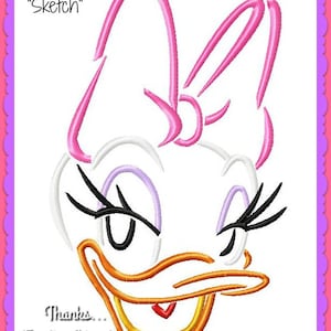May include: A line art illustration of a cartoon duck with a pink bow. The duck has a white face with purple eyelids, black eyelashes, and a yellow beak. The text "Sketch" appears above the duck.