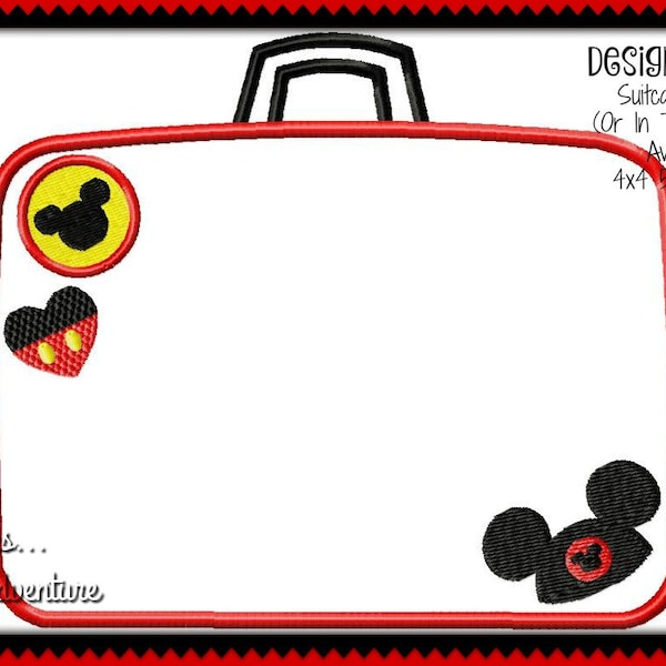 In The Hoop Mickey Mouse Suitcase  Luggage Tag Applique Digital Embroidery Machine Design File 4x4 5x7 6x10 8x12